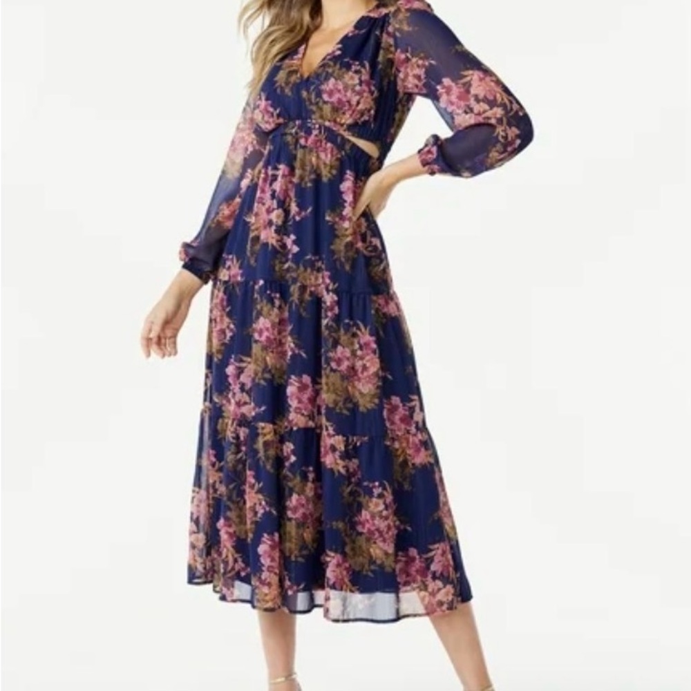 Sofia Vergara Tiered Midi Dress Dark Floral Wine Cut Out Flowy Sz Small